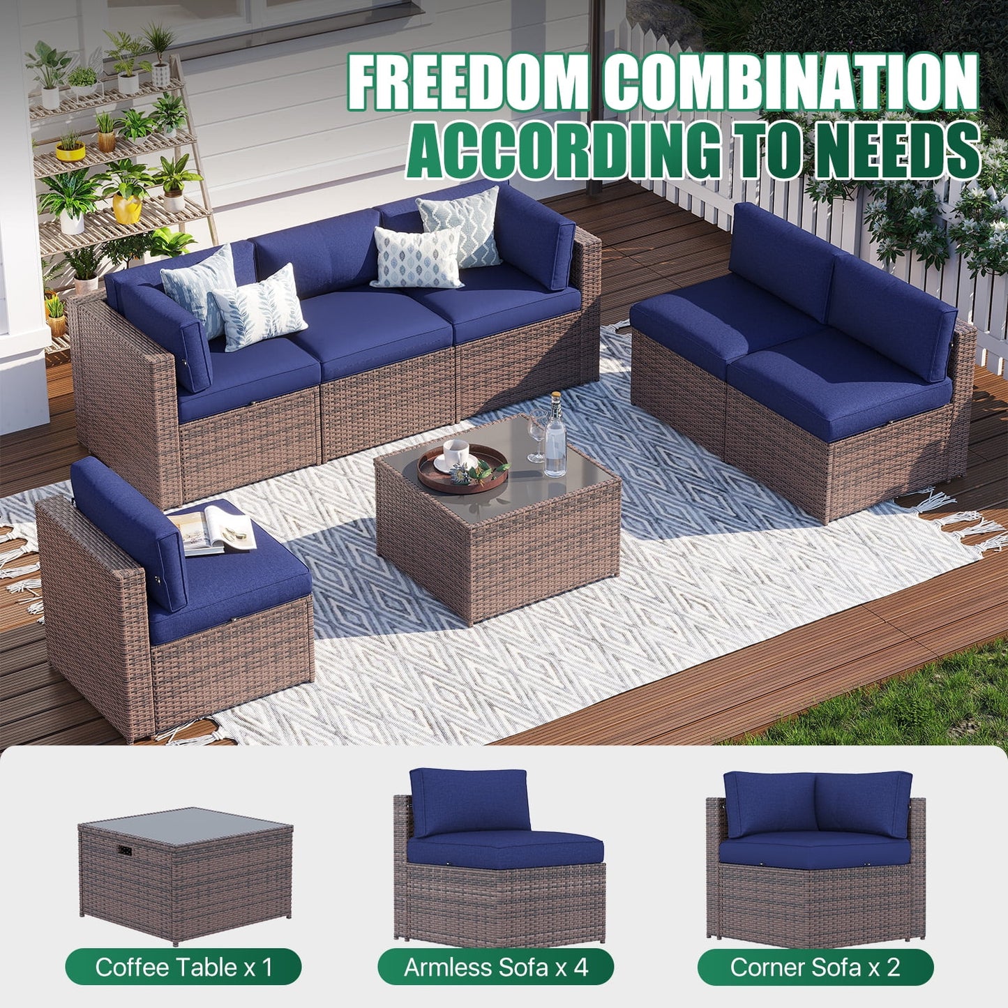 Clouddwell 7 Piece Patio Furniture Set Wicker Rattan Patio Conversation Set Outdoor Sectional Sofa Set with Coffee Table and Blue Cushions(Waterproof Cover Included)