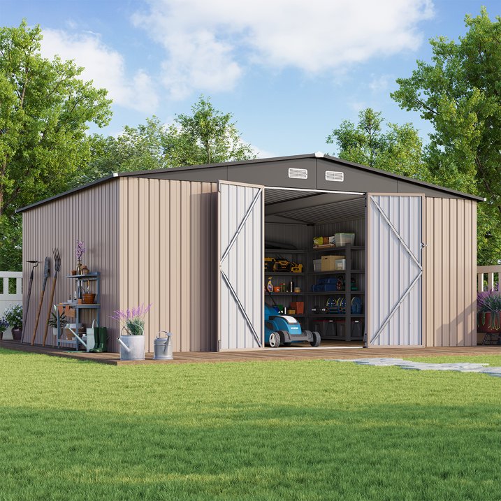 Clouddwell 12 x 14FT Shed Outdoor Storage Shed with Double Hinged Large Door, Large Metal Shed with Lockable Door & Sloped Roof for Garden, Backyard, Patio and Backyard, Brown