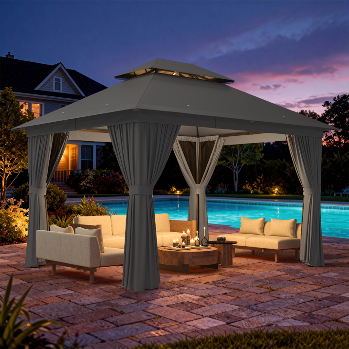 Clouddwell 10'x12' Patio Gazebo Double Roof Protection All-Weather Outdoor Shelter Features Insect Screens & Privacy Curtains Ideal for Backyard, Lawn, (Gray)