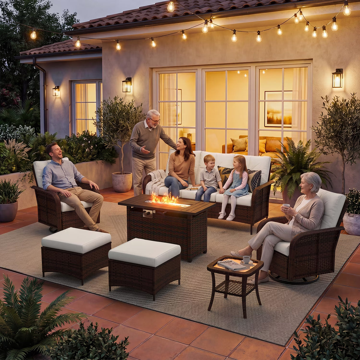 Dateyes 7-Piece Patio Furniture Set, High Back Swivel Rocker Chairs with Thick Cushions, Wicker Rattan Outdoor Sectional Sofa with Fire Pit Beige