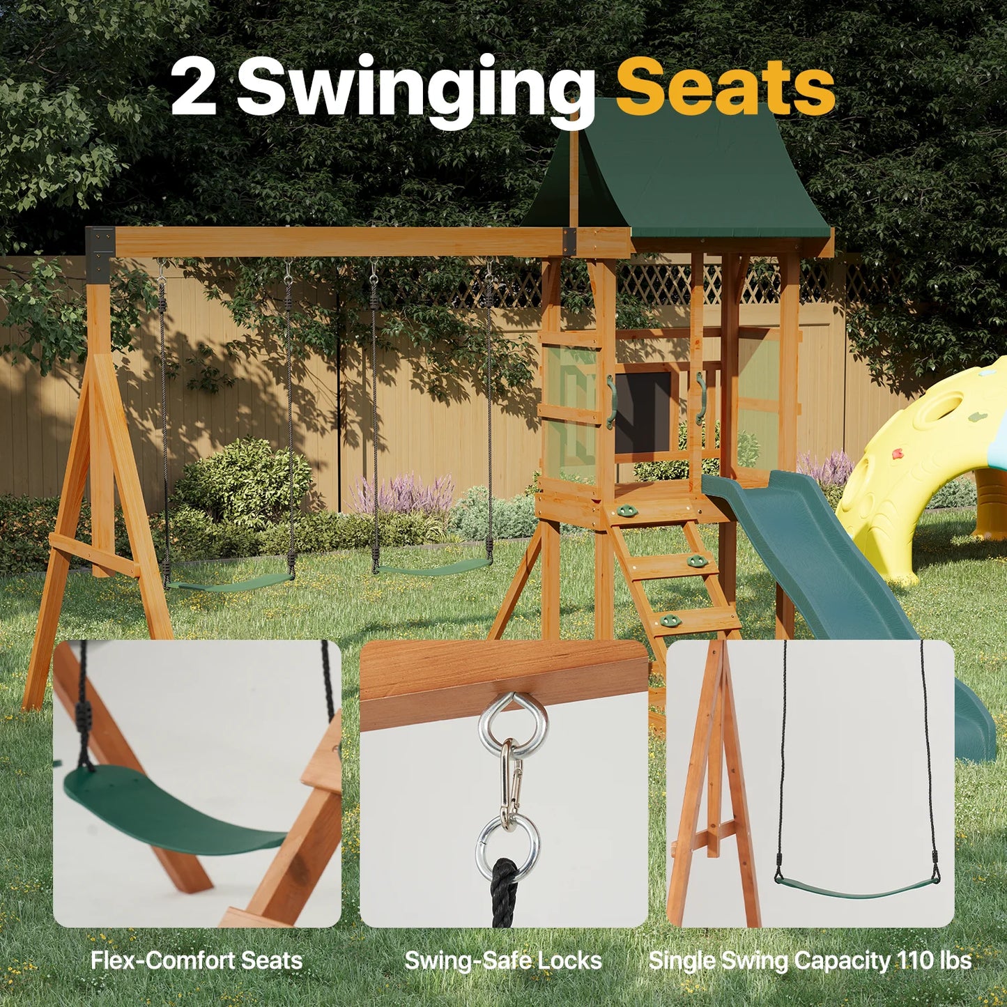 Clouddwell Wooden Swing Set for Backyard Playground Swingset with Slide Kid Outdoor Play Set with Play Deck, Rock Wall Ladder, Belt Swings, Chalkboard