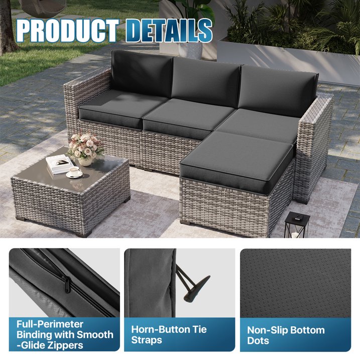 Clouddwell 7-Piece Outdoor Cushion Set for 4-Seat Wicker Sectional - Waterproof, High-Resilience Foam (Dark Gray)