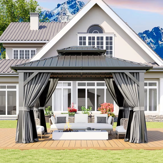Dateyes 10x12 FT Outdoor Hardtop Gazebo, Aluminum Frame Gazebo with Removable Mesh Walls and Curtains for Patio, Lawns, Gray