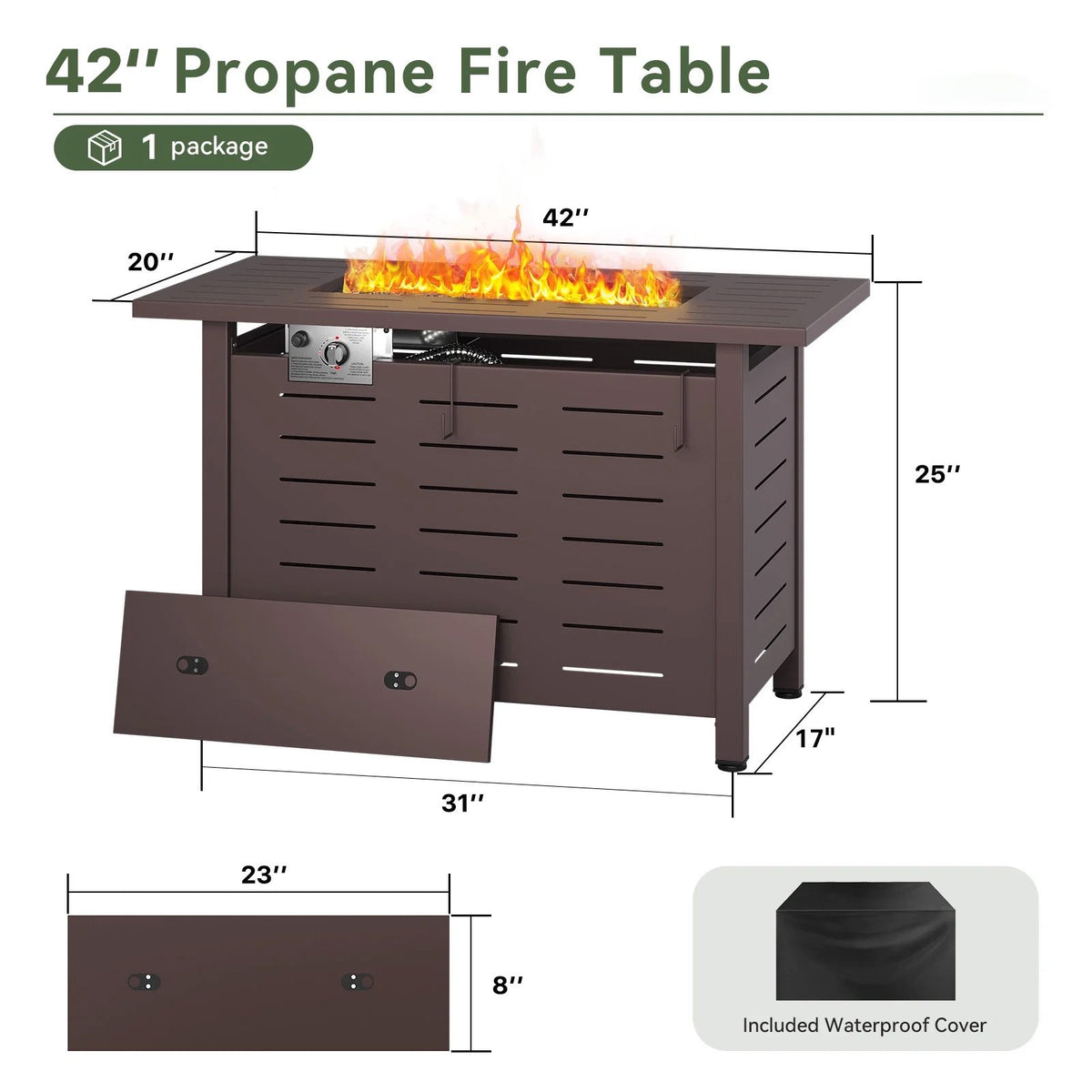 LazySunsets 42" Rectangle Propane Fire Pit Table – 50,000 BTU Outdoor Patio Heater with Removable Lid, Waterproof Cover & Lava Rocks, Brown