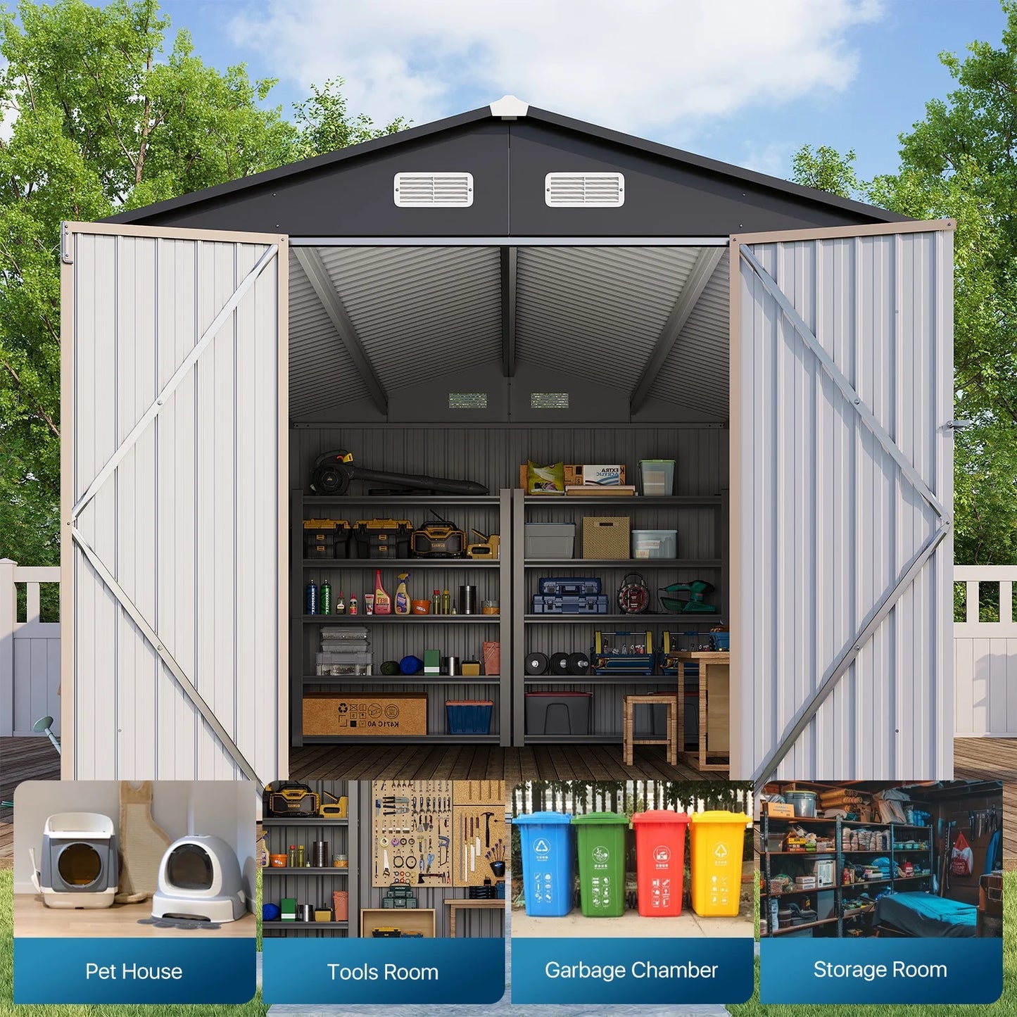 Clouddwell 8 x 15FT Shed Outdoor Storage Shed with Double Hinged Large Door, Large Metal Shed with Lockable Door & Sloped Roof for Garden, Backyard, Patio and Backyard, Brown