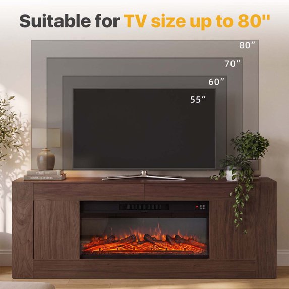 Sonergra Farmhouse Fireplace TV Stand for TVs up to 80 Inch Rustic Wood,70 Inch Electric Fireplace Entertainment Center with Drawers Cabinets and Open Storage Shelves for Living Room,Brwon