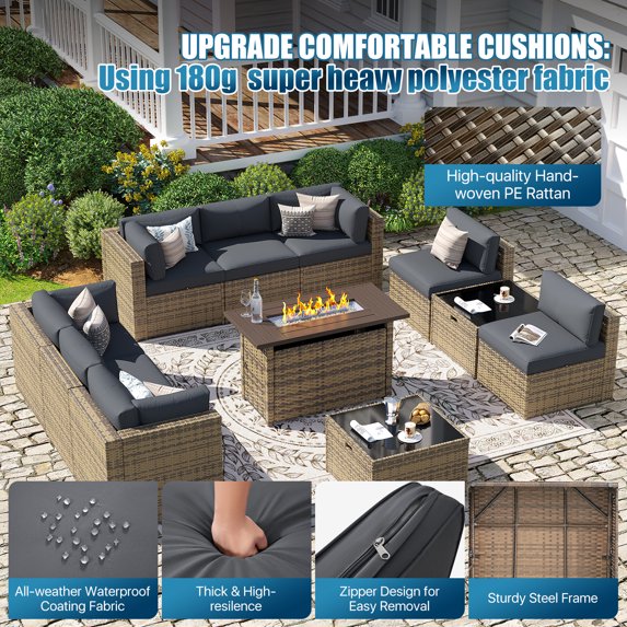 Sunmthink Patio Furniture Sets, 11-Piece Outdoor Patio Furniture with 44'' Propane Gas Firepit Table, Wicker Outdoor Conversation Set and Waterproof Cover for Backyard, Poolside, Garden