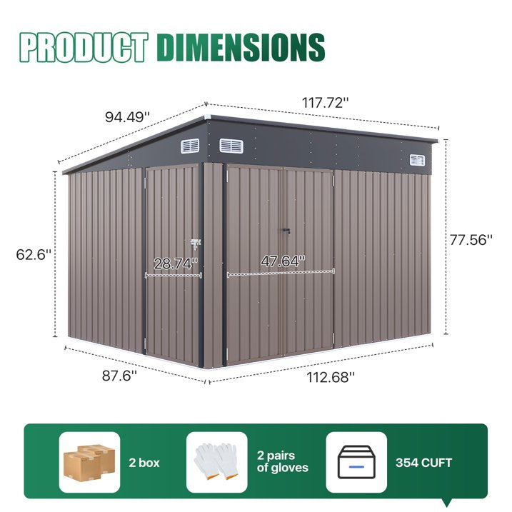 Clouddwell 10ft x 8ft Heavy-Duty Metal Storage Shed with 3 Doors, Lockable Lean-To Design, Weatherproof for Garden & Tools (Brown)