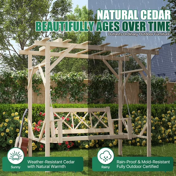 Clouddwell Natural Cedar Wood 3-Seat Pergola Swing Bench with Canopy & Stand Patio Hammock Swing Set with Metal Chains for Backyard, Garden, Porch