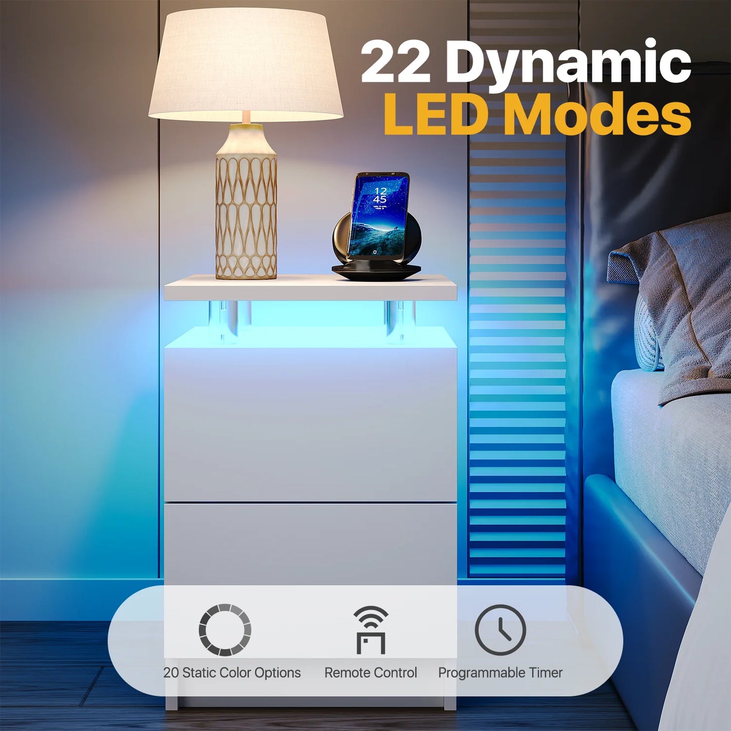 Sonegra Nightstand Set of 2 with Charging Station, LED End Table with 2 Storage Drawers, Sofa Side Table for Living Room and Bedroom, White 15IN