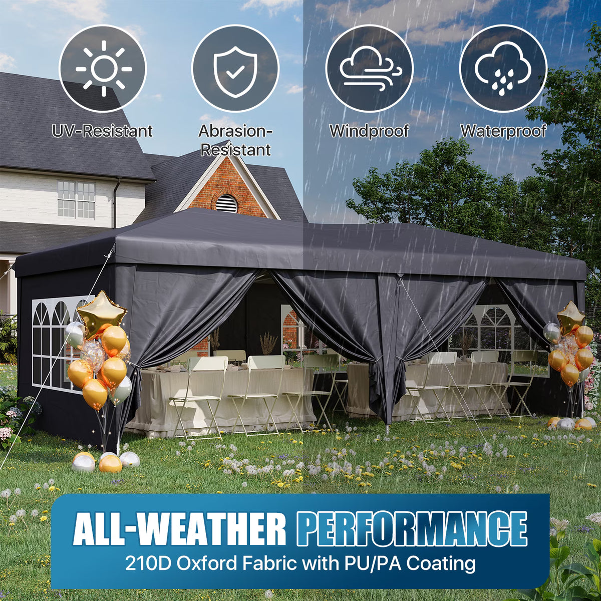 Dateyes 10x20 Pop Up Canopy Tent, Waterproof Party Tent with 6 Removable Sidewalls, 3-Level Height Adjustable Event Tent, Instant Shelter for Wedding, Party, Commercial & Market Events,Gray