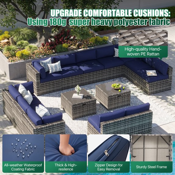 Clouddwell 14 Piece Patio Furniture Set Wicker Rattan Patio Conversation Set Outdoor Sectional Sofa Set with Coffee Table and Blue Cushions(Waterproof Cover Included)