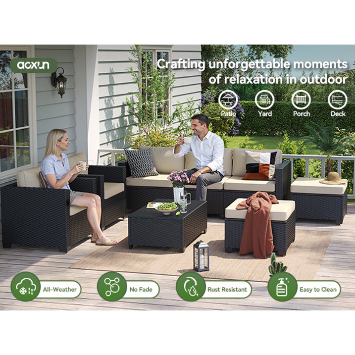 6 Piece Outdoor Wicker Patio Furniture Set, Rattan Sectional Sofa Sets with Beige Cushions