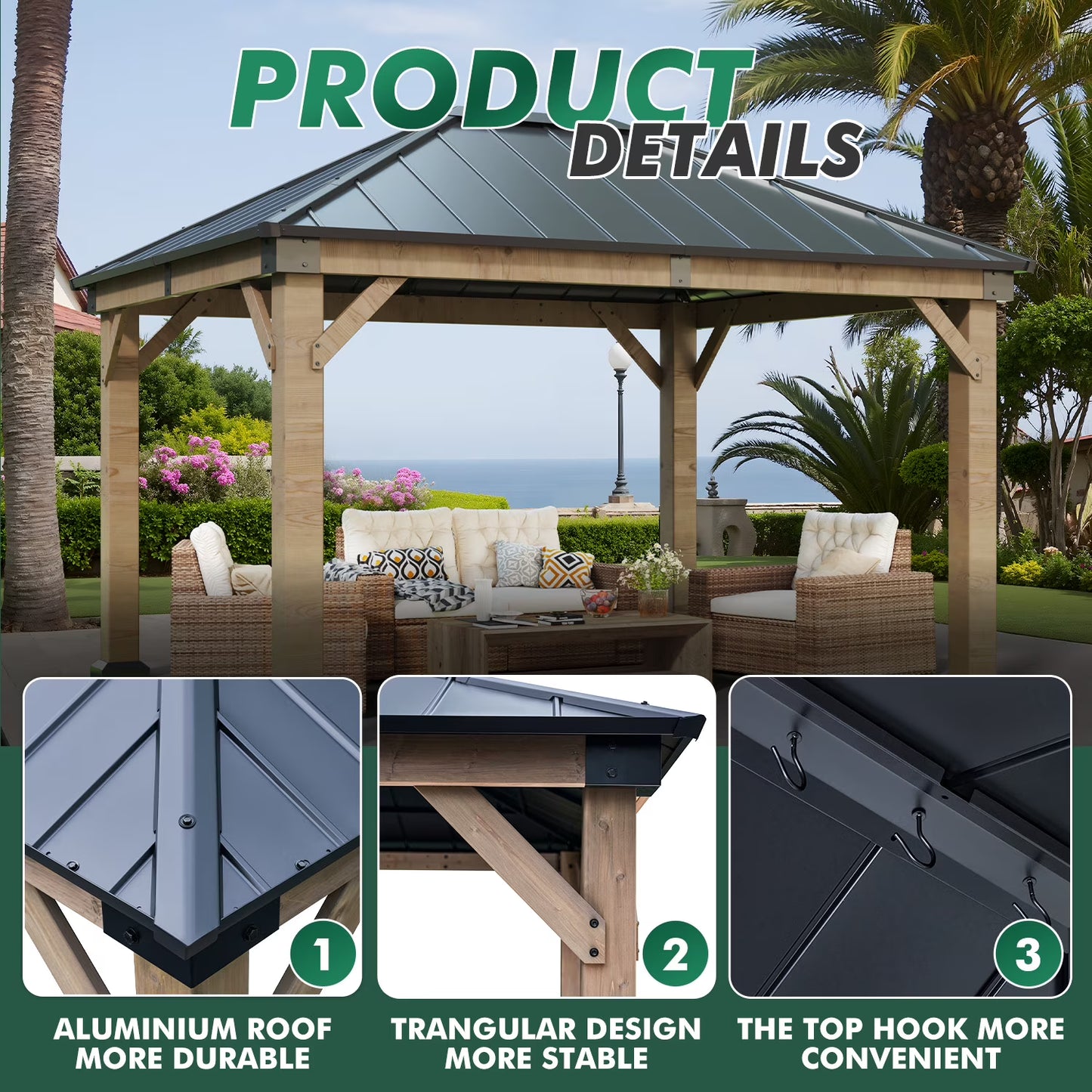 Clouddwell 12*20FT Upgraded Cedar Gazebo,Cedar Hard Roof Gazebo,with Double-Layer Galvanized Steel Roof,Suitable for Backyard,Desk,and Lawn.