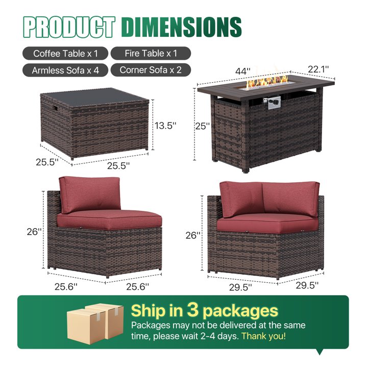 Clouddwell 8 Piece Patio Furniture Set with 44” Fire Pit Table Wicker Rattan Patio Conversation Set Outdoor Sectional Sofa Set with Coffee Table and Blue Cushions(Waterproof Cover Included)