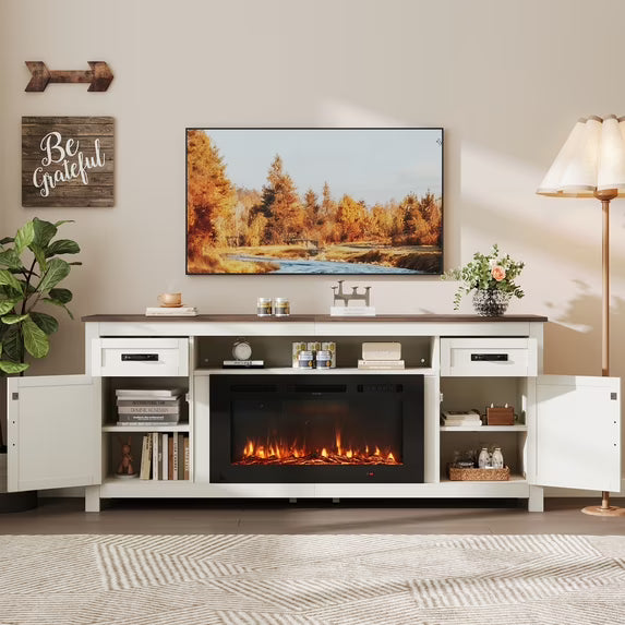 Sonegra 80" Fireplace TV Stand, Entertainment Center for TVs Up to 90”, TV Console with Storage Cabinets, Media Console for Living Room, White TV Stand and Black Fireplace, White