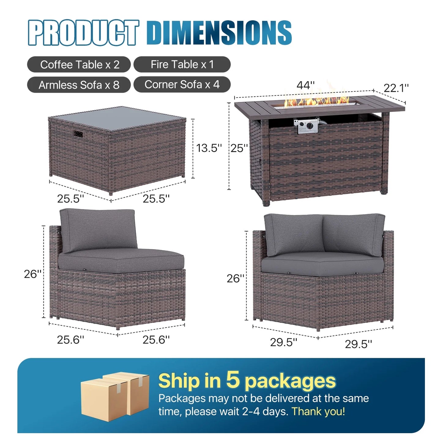 Sunmthink Patio Furniture Sets, 15-Piece Outdoor Patio Furniture with 44'' Propane Gas Firepit Table, Wicker Outdoor Conversation Set and Waterproof Cover for Backyard, Poolside, Garden