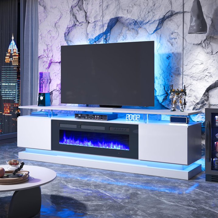 Sunmthink 70" Fireplace TV Stand, Modern Entertainment Center for TVs Up to 80”, TV Console with Storage Cabinets, Media Console for Living Room, white