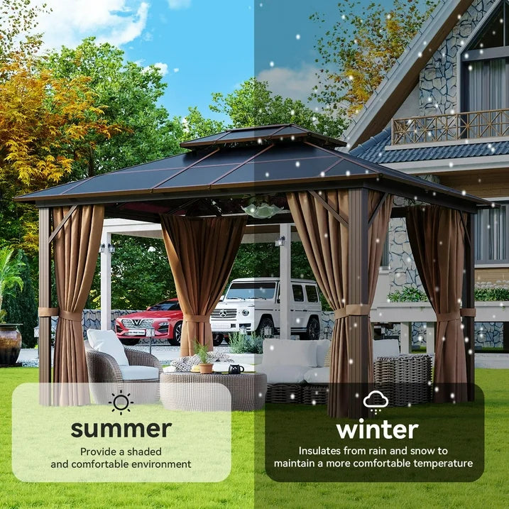 Aoxun 10 ft. x 12 ft. Hardtop Gazebo, Double Polycarbonate Roof Aluminum Frame Gazebo W/Curtain and Netting, Brown