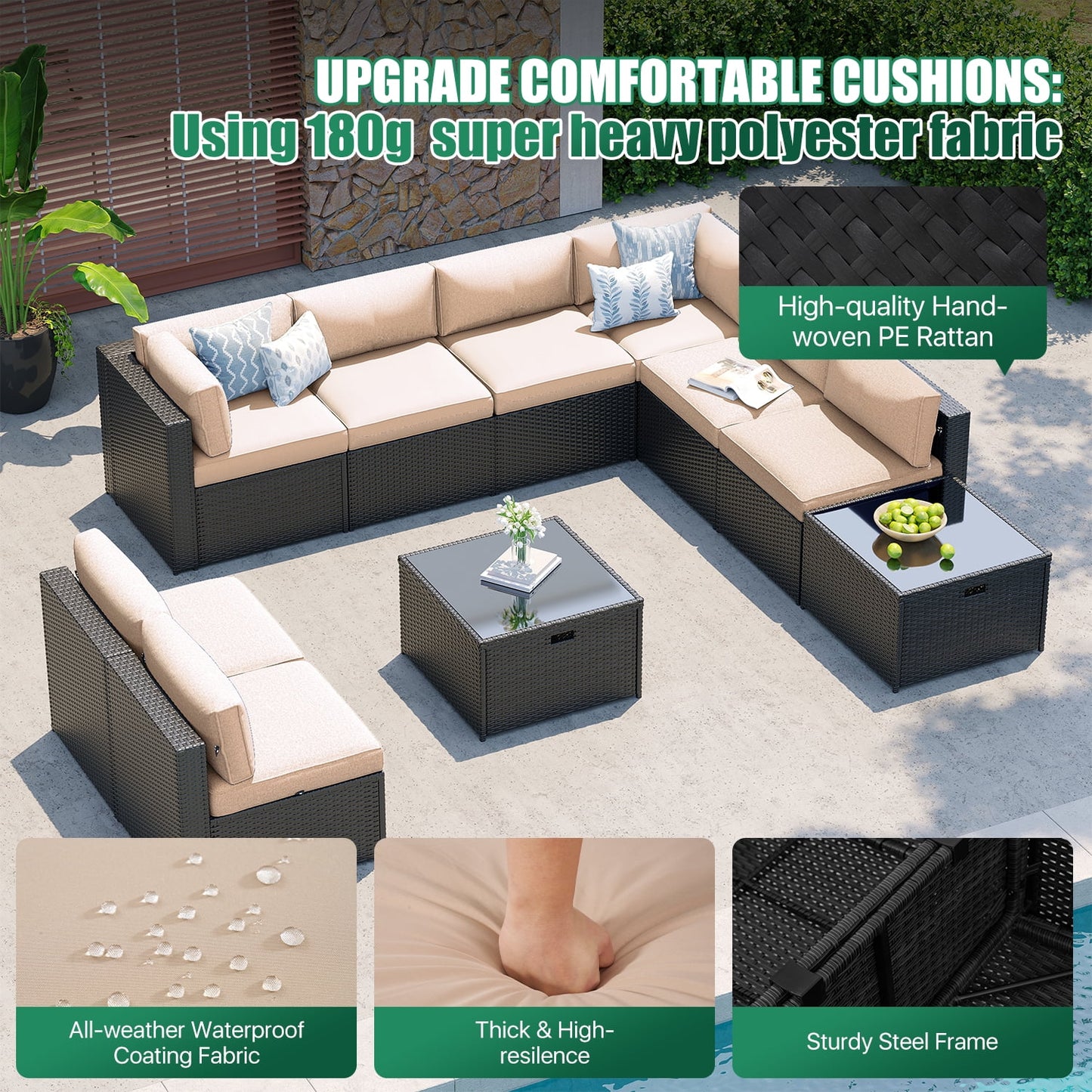 Clouddwell 10-Piece Patio Furniture Set on Sale, Black Rattan Wicker Outdoor Sectional Sofa Couch with Table Patio Conversation Set for Lawn& Backyard,Beige