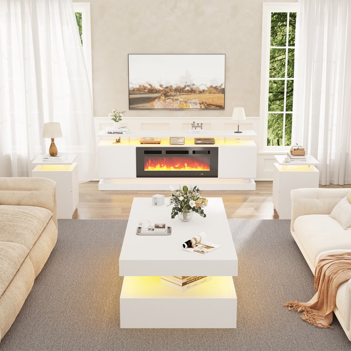 Sonegra 4-Piece Living Room Table Set Includes High Gloss 70'' Modern Fireplace TV Stand, Modern Coffee Table and 2 End Tables for Living Room, Bedroom, White