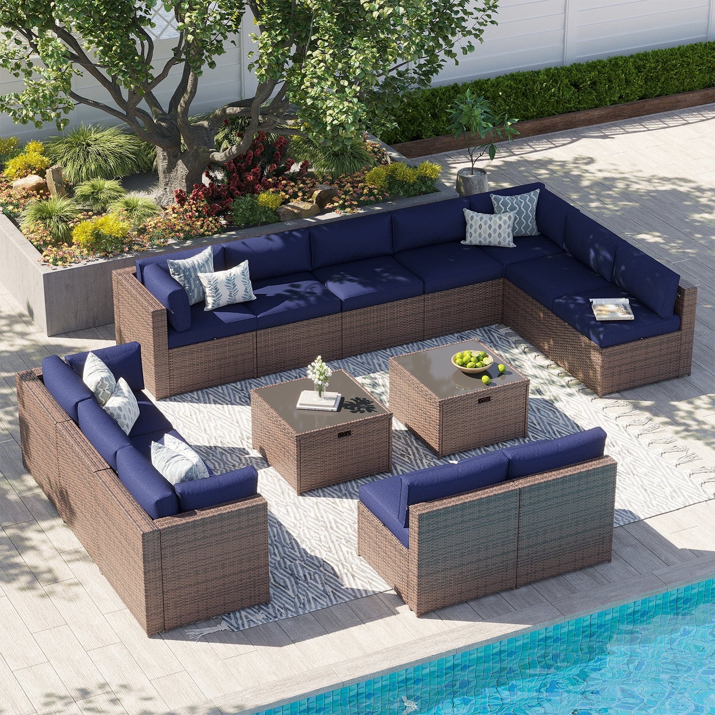Clouddwell 14 Piece Patio Furniture Set Wicker Rattan Patio Conversation Set Outdoor Sectional Sofa Set with Coffee Table and Blue Cushions