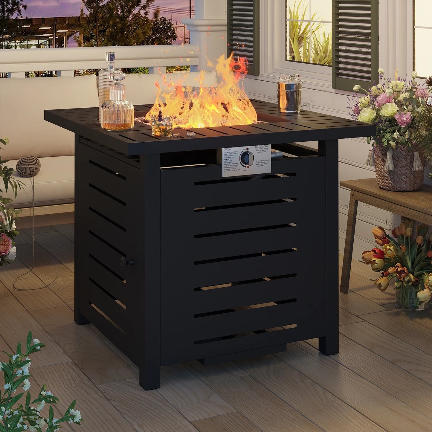 Sunmthink 28" Propane Fire Pit Table, 50,000 BTU Auto Ignition Steel Gas Fire Pit with Removable Lid & Waterproof Cover for Patio, Backyard, Black