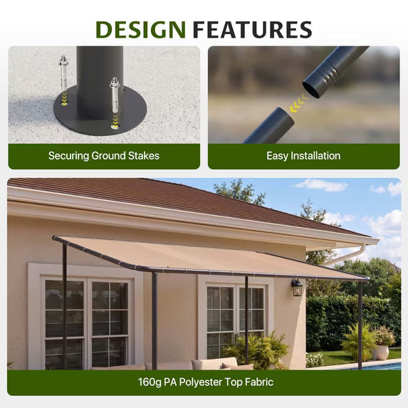 Dateyes 10'x 8' Wall-Mounted Metal Gazebo , Water-Resistant Khaki Canopy with UV Protection for Patio & Garden