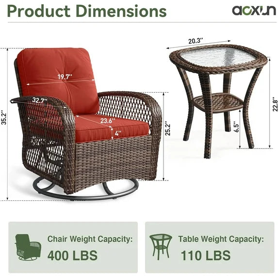 Aoxun 3 Pieces Patio Furniture Set, Patio Swivel Rocker Chairs Set of 2, Wicker Outdoor Bistro Set with Rocking Chair, Thickened Cushions and Table for Porch (Red)