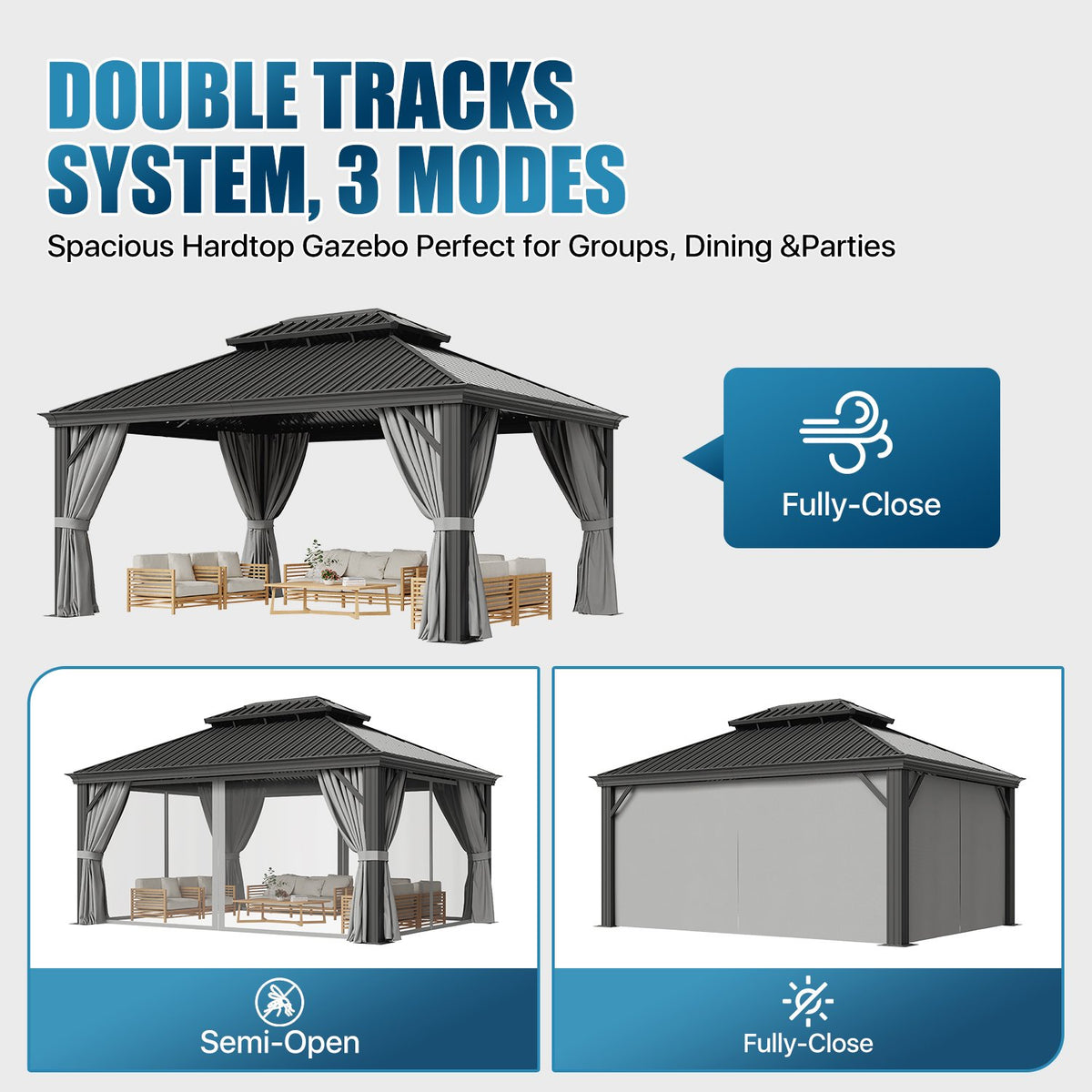 Sunmthink 12' x 16' Outdoor Hardtop Gazebo, Galvanized Steel Double Roof Gazebo with Curtain and Netting
