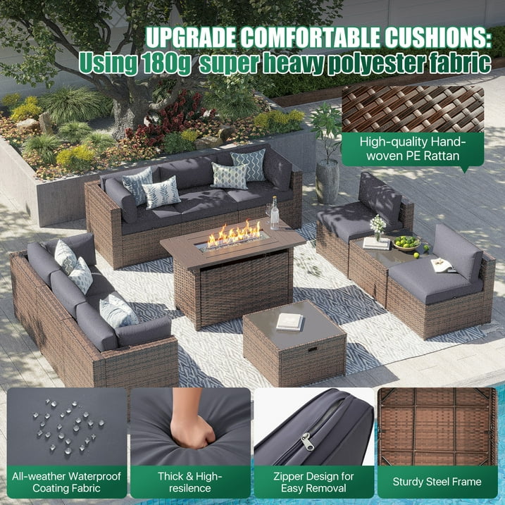 Clouddwell 12 Piece Patio Furniture Set with 44” Fire Pit Table Wicker Rattan Patio Conversation Set Outdoor Sectional Sofa Set with Coffee Table and Gray Cushions(Waterproof Cover Included)