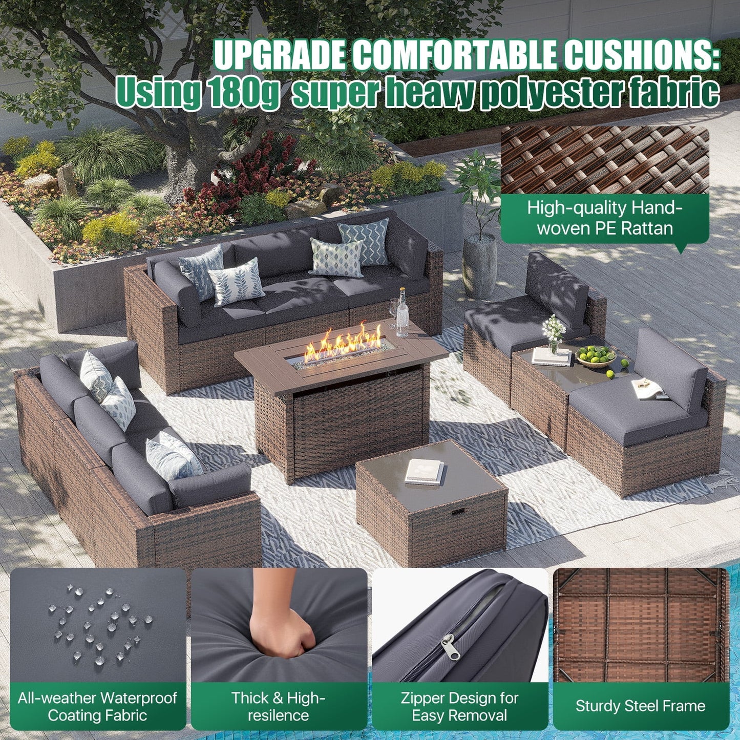 Clouddwell 12 Piece Patio Furniture Set with 44” Fire Pit Table Wicker Rattan Patio Conversation Set Outdoor Sectional Sofa Set with Coffee Table and Gray Cushions(Waterproof Cover Included)