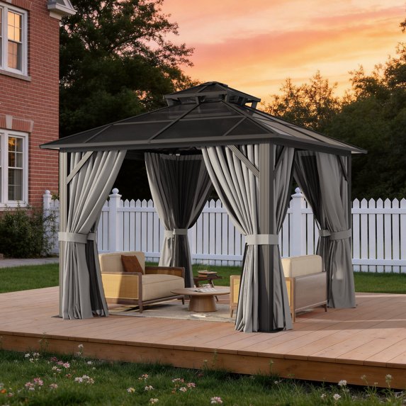Clouddwell 10'x10' Hardtop Gazebo - Polycarbonate Double Roof with Netting & Curtains for Patio, Garden Sun Protection,Gray