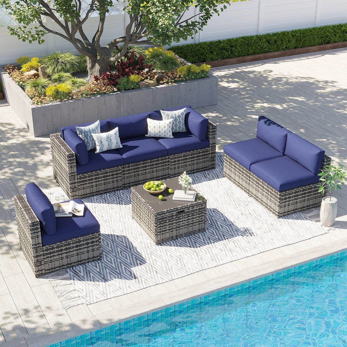 Clouddwell 7 Piece Patio Furniture Set Wicker Rattan Patio Conversation Set Outdoor Sectional Sofa Set with Coffee Table and Blue Cushions(Waterproof Cover Included)