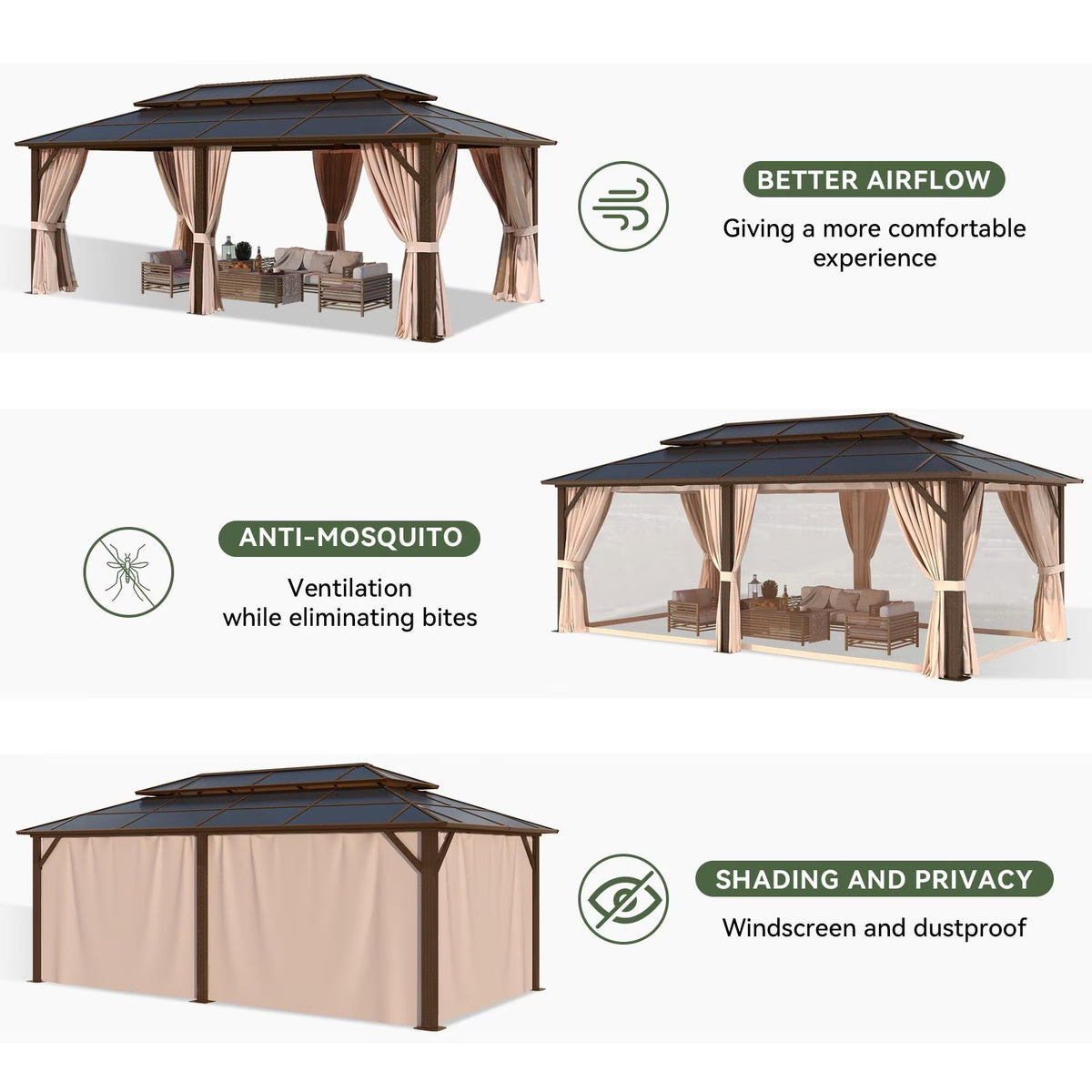 Aoxun 12 ft. x 20 ft. Hardtop Gazebo, Aluminum Frame Permanent Pavilion with Curtains and Netting, Outdoor Polycarbonate Double Roof Canopy, Designed for Garden, Lawns, Patio