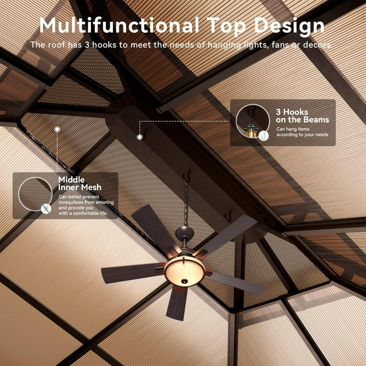Aoxun 10 ft. x 12 ft. Hardtop Gazebo, Double Polycarbonate Roof Aluminum Frame Gazebo W/Curtain and Netting, Brown