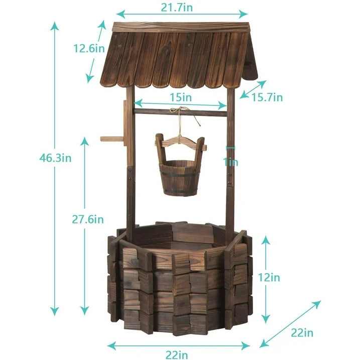 Sunmthink Wood Wishing Well Planter with Hanging Bucket for Flower and Plants, Brown
