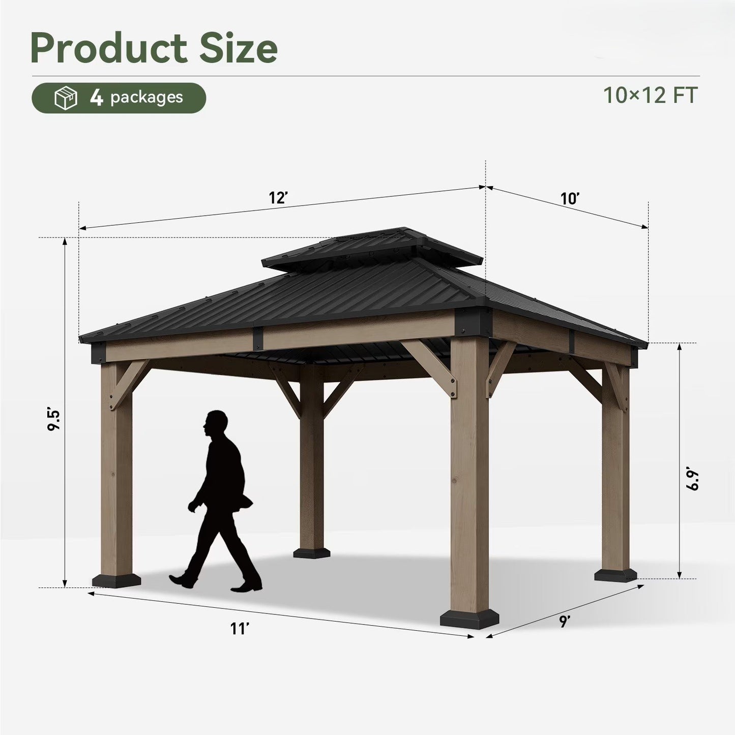 Sunmthink 10' x 12' Outdoor Cedar Wood Gazebo, Hardtop Gazebo Wooden Pavilion with Galvanized Steel Double Roof, for Patio, Garden, Deck