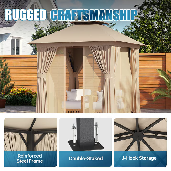 Sunmthink Outdoor Gazebo for Patio 8'x8', Metal Frame Canopy with Double Roofs, Heavy Duty Party Tent and Shelter with Mosquito Netting and Privacy Screen for Backyard,Garden,Deck (Beige)
