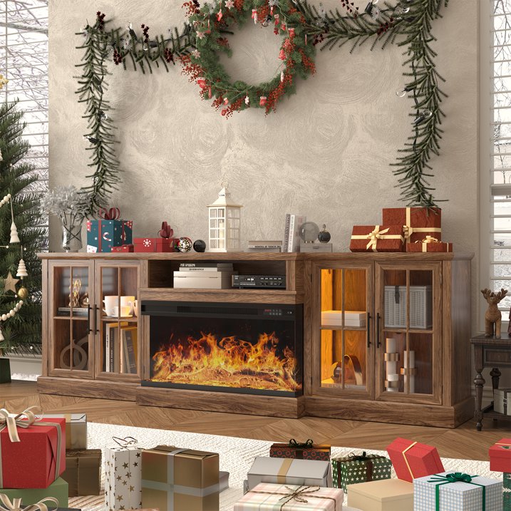 Sonegra 98" Farmhouse TV Stand with Fireplace for TVs up to 100", Media Entertainment Center with Adjustable Shelves and Large Storage Cabinets, for Living Room, Brown