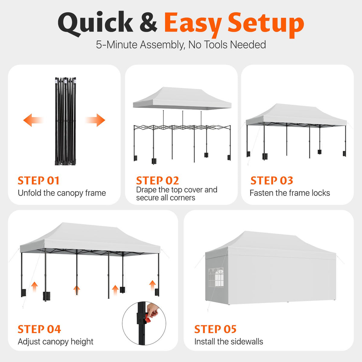 Dateyes 10x20 FT Pop Up Canopy Tent with 45mm Heavy Duty Steel Frame & 6 Sidewalls, Waterproof Outdoor Canopy, 3-Level Adjustable Height, Instant Party Tent with Roller Bag, White