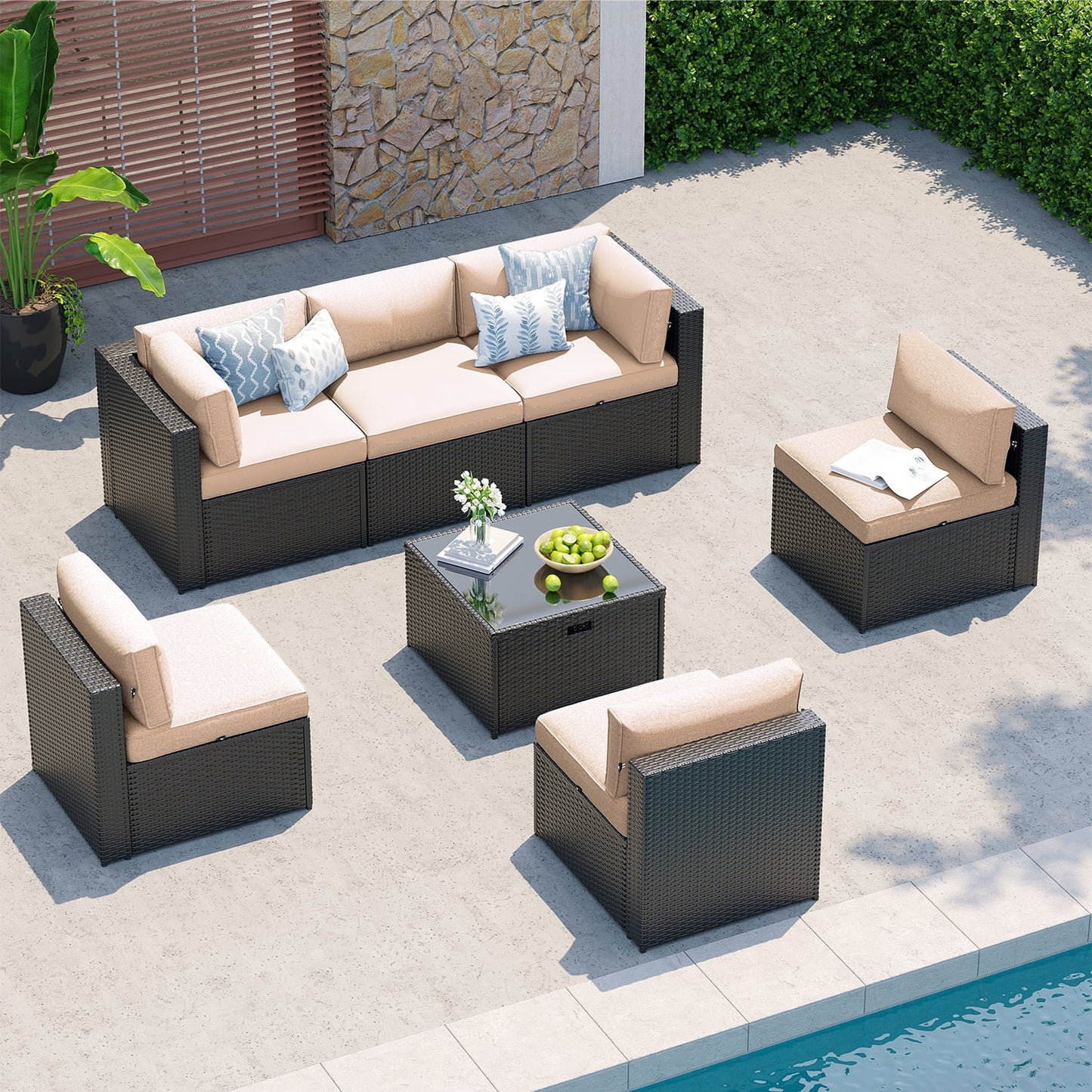 Clouddwell 7-Piece Patio Furniture Set on Sale, Black Rattan Wicker Outdoor Sectional Sofa Couch with Table Patio Conversation Set for Lawn& Backyard,Beige