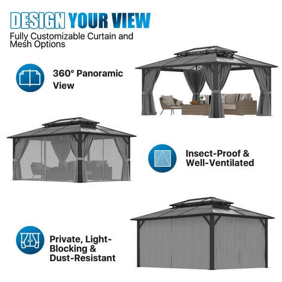 Sunmthink 12' x 16' Hardtop Gazebo,Polycarbonate Double Roof,Aluminum Frame with Curtains and Netting for Patio,Garden,Gray