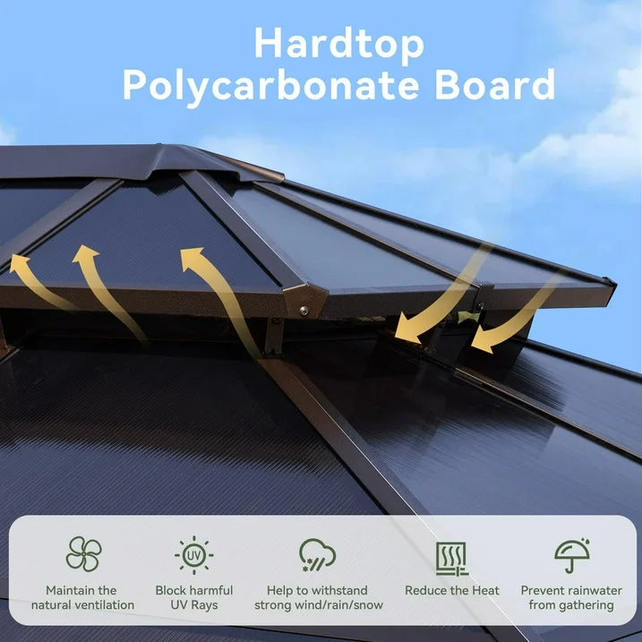 Aoxun 10 ft. x 12 ft. Hardtop Gazebo, Double Polycarbonate Roof Aluminum Frame Gazebo W/Curtain and Netting, Brown