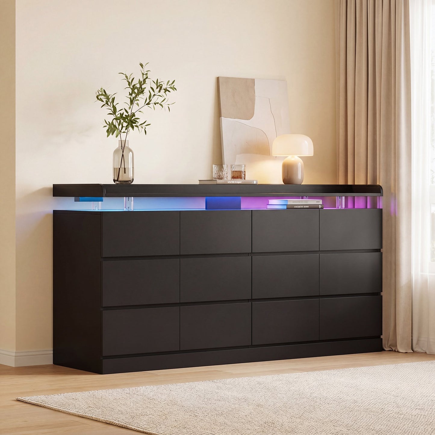 Sonegra 63 Inch 12‑Drawer Dresser, Modern High Gloss Chest of Drawers with LED Light & Glass Tabletop, Large Storage Cabinet for Bedroom Living Room, Black