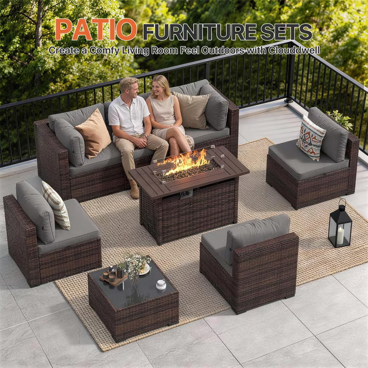 Dateyes 8-Piece Outdoor Patio Furniture Set with 44" Fire Pit Table, All-Weather Wicker Rattan Sectional Sofa with Coffee Table(Grey)