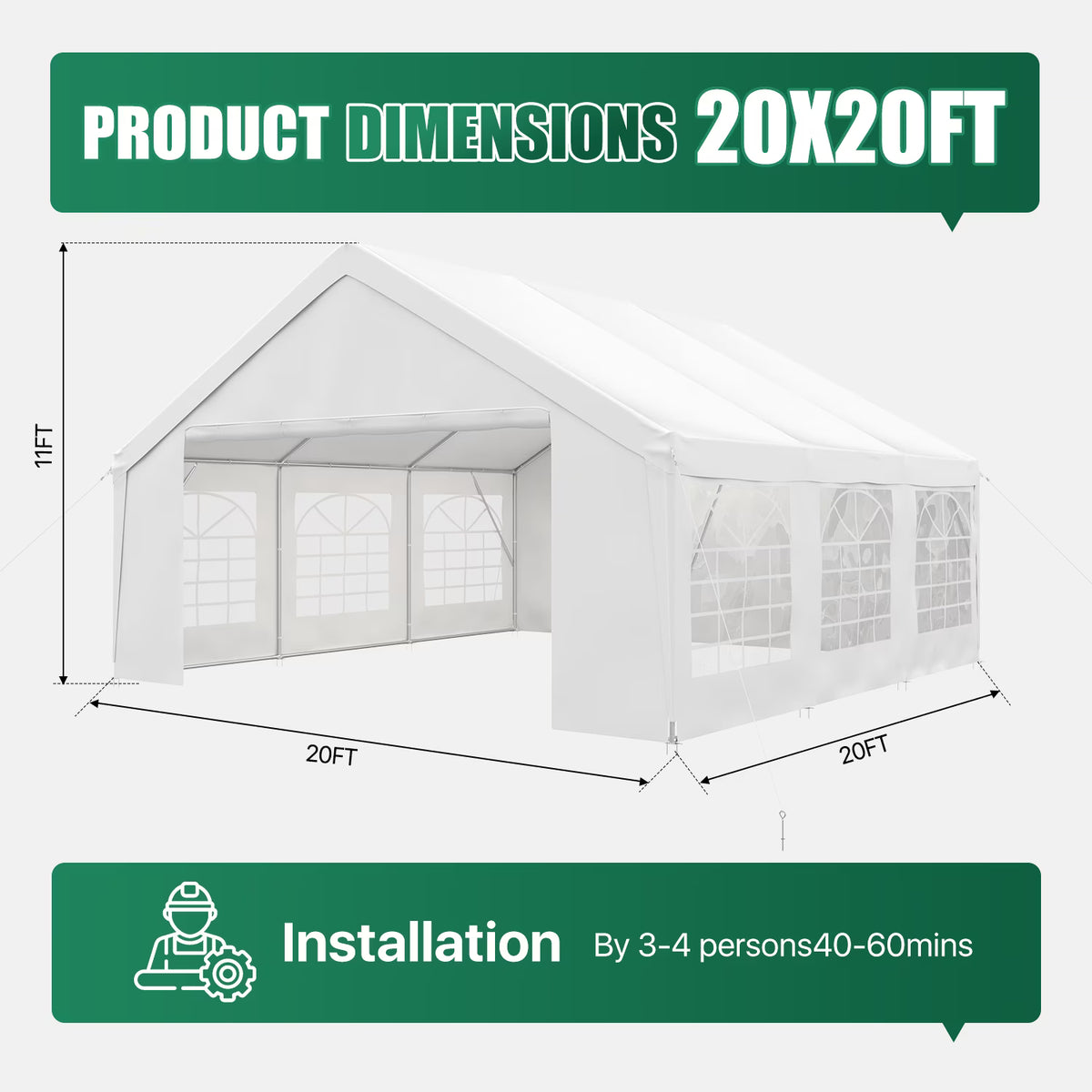 LazySunsets 20*20FT Party Tent,Heavy Duty Outdoor Awning Tent,with Removable Sidewalls, Commercial Wedding Big Tent,Carport, BBQ,UV 50+, Waterproof, White