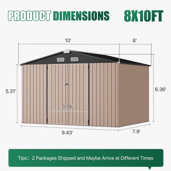 Clouddwell 10 x 8 FT Shed Outdoor Storage Shed with Double Hinged Large Door, Large Metal Shed with Lockable Door & Sloped Roof for Garden, Patio and Backyard, Brown