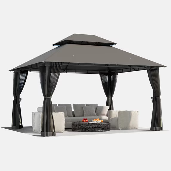 LazySunsets 12'x 10' Patio Gazebo Double Roof Protection All-Weather Outdoor Shelter Features Insect Screens for Backyard, Lawn, (Gray)