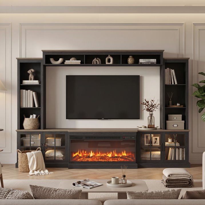Sonegra 98" Farmhouse Entertainment Center with 36" Fireplace, TV Stand, Bookshelf, Cabinet, Fits TVs up to 75", Media Console with Power Outlets and Barn Doors for Living Room, Black